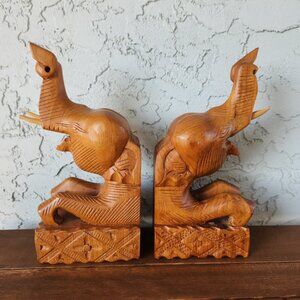 Vintage Hand-Carved Teak Elephant Bookends Pair – 10" Tall Wooden Decor Jungle